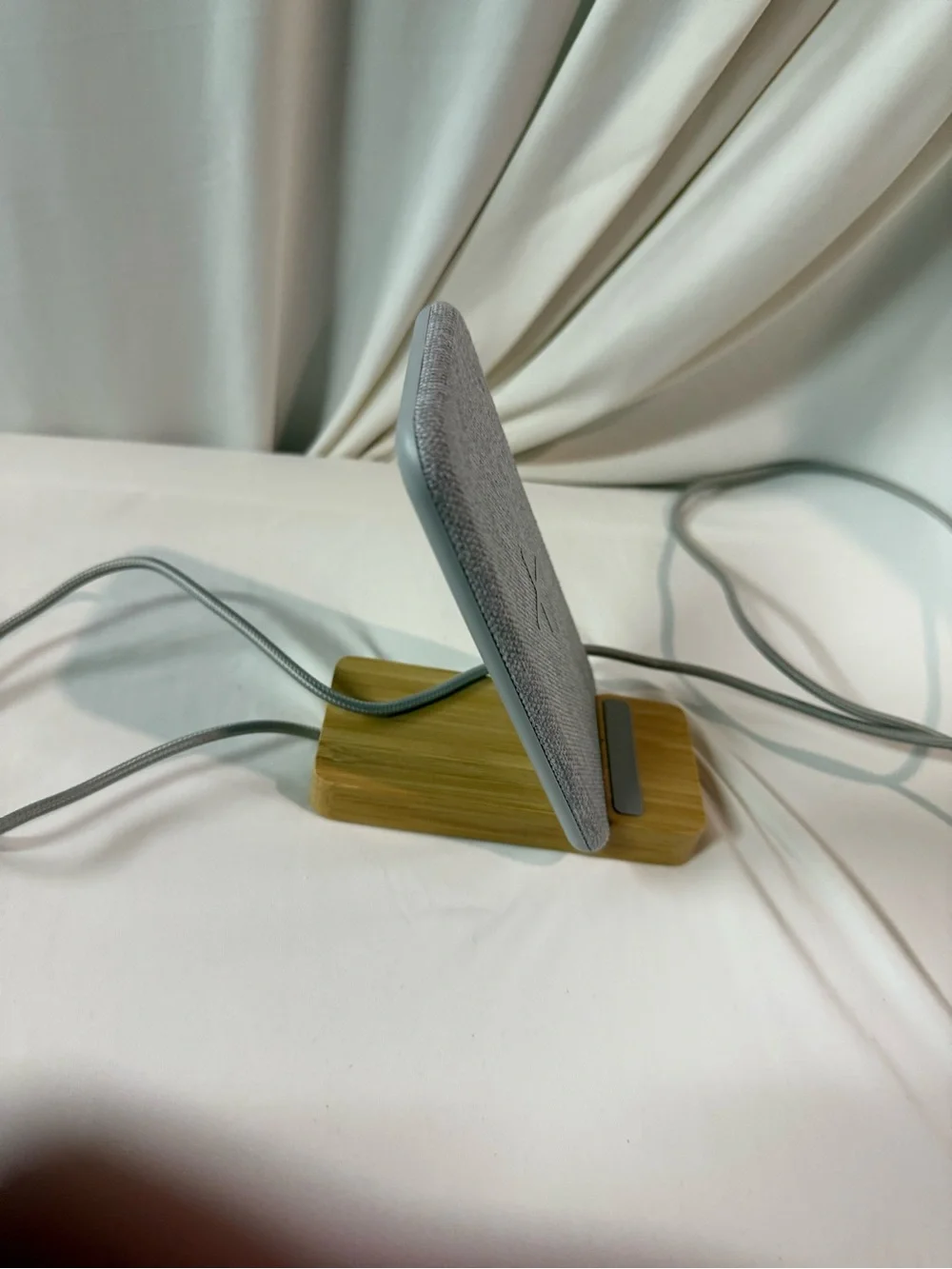 IKEA Gray Fabric Wireless Charging Stand with Wood Base